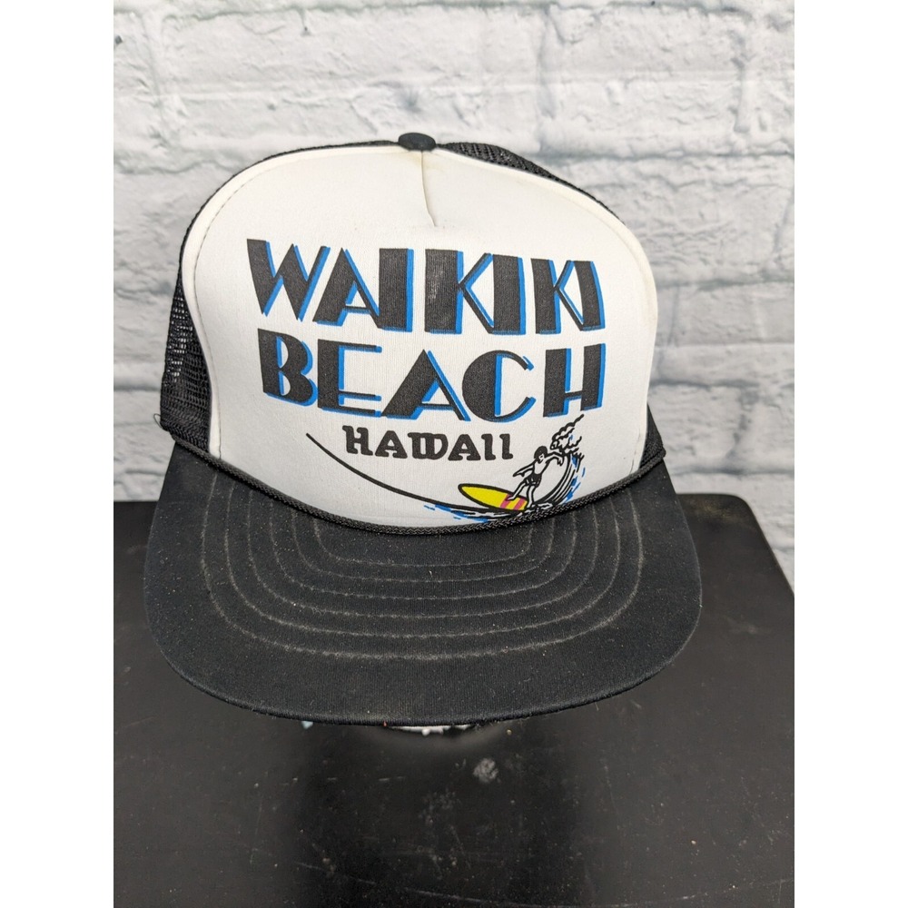 Vintage Waikiki Beach Hawaii Surfing Trucker Hat Blue / White Snapback Cap #16